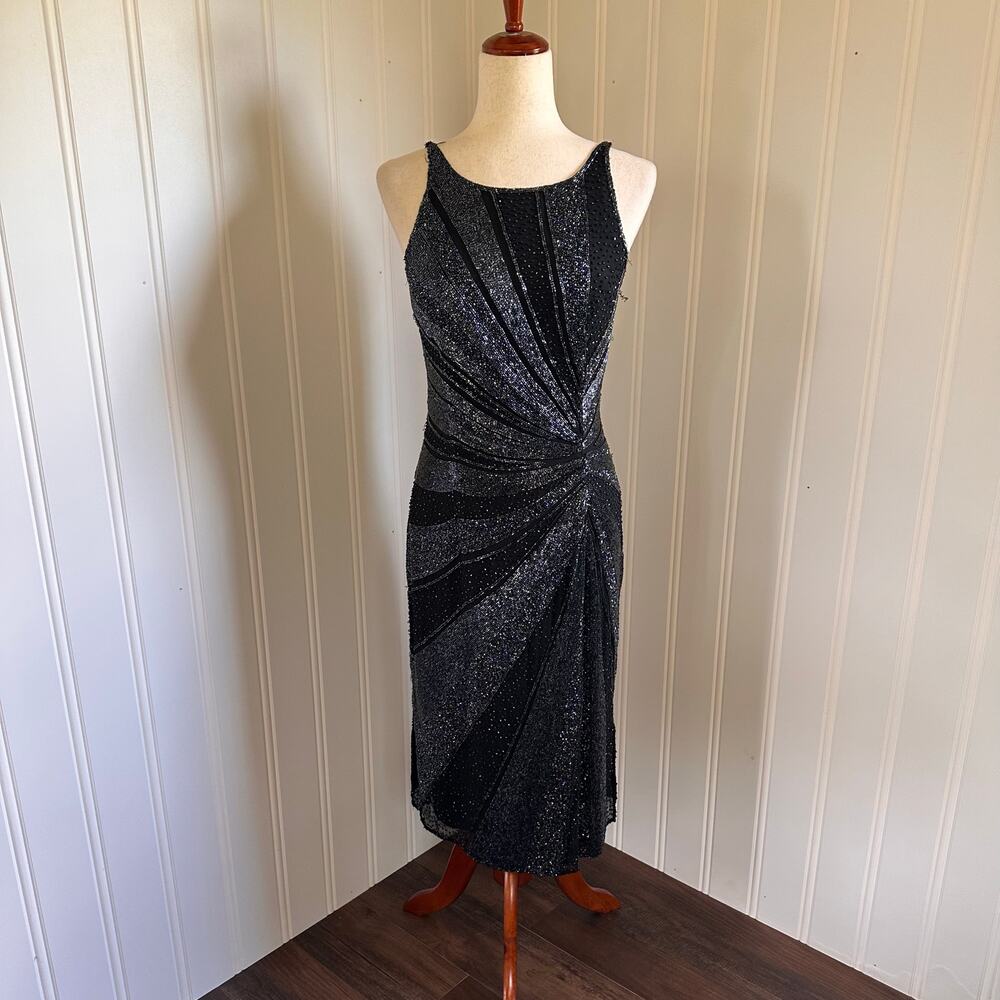 Vintage 90s/Y2K Black Silk Beaded Midi Dress M - Picture 1 of 9